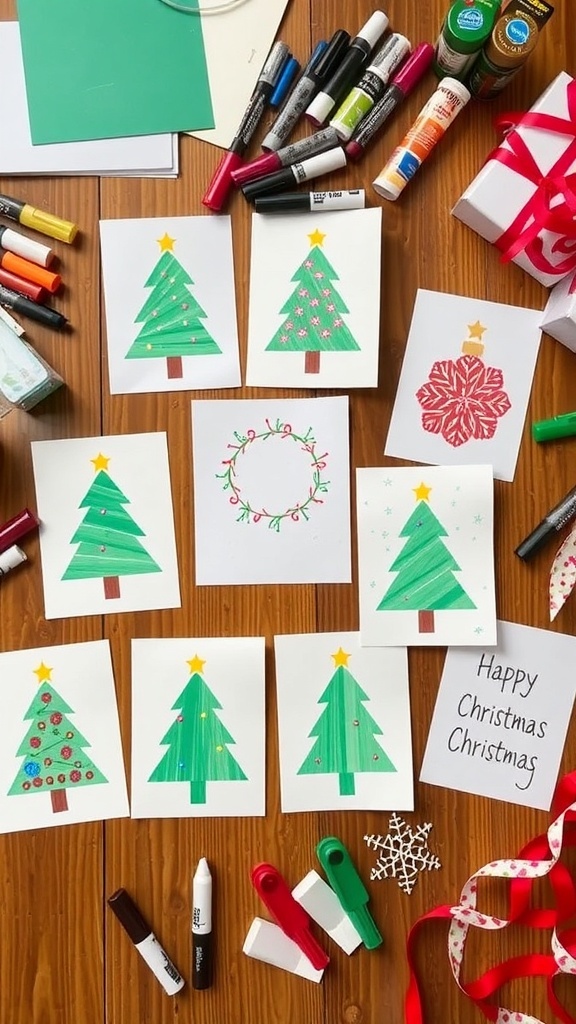 Homemade Christmas Card Gift Ideas A collection of homemade Christmas cards with various designs on a crafting table.